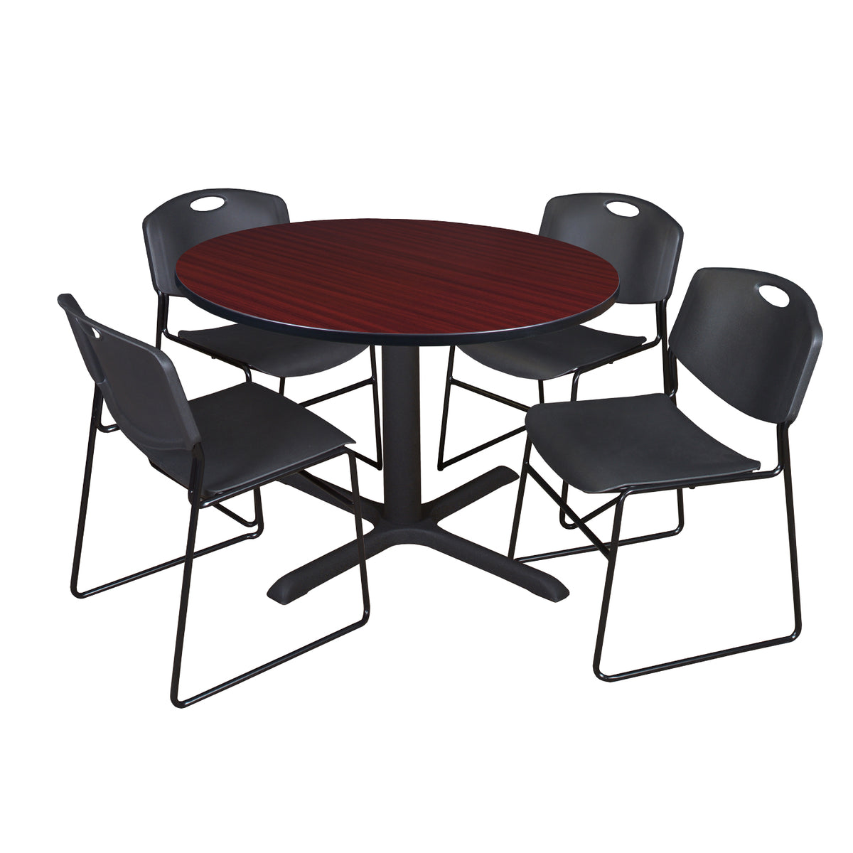 Cain Round Breakroom Table and Chair Package, Cain 48" Round X-Base Breakroom Table with 4 Zeng Stack Chairs