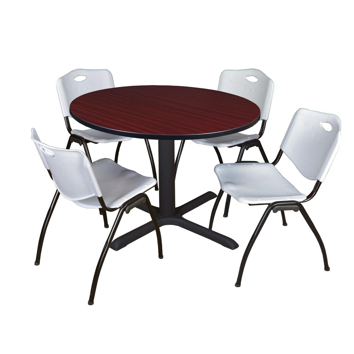 Cain Round Breakroom Table and Chair Package, Cain 48" Round X-Base Breakroom Table with 4 "M" Stack Chairs