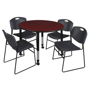 Kee Classroom Table and Chair Package, Kee 48" Round Mobile Adjustable Height Table with 4 Black Zeng Stack Chairs