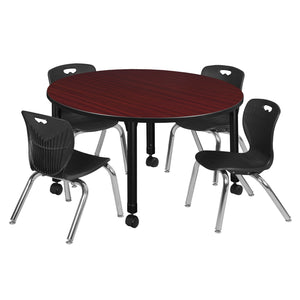 Kee Classroom Table and Chair Package, Kee 48" Round Mobile Adjustable Height Table with 4 Andy 12" Stack Chairs