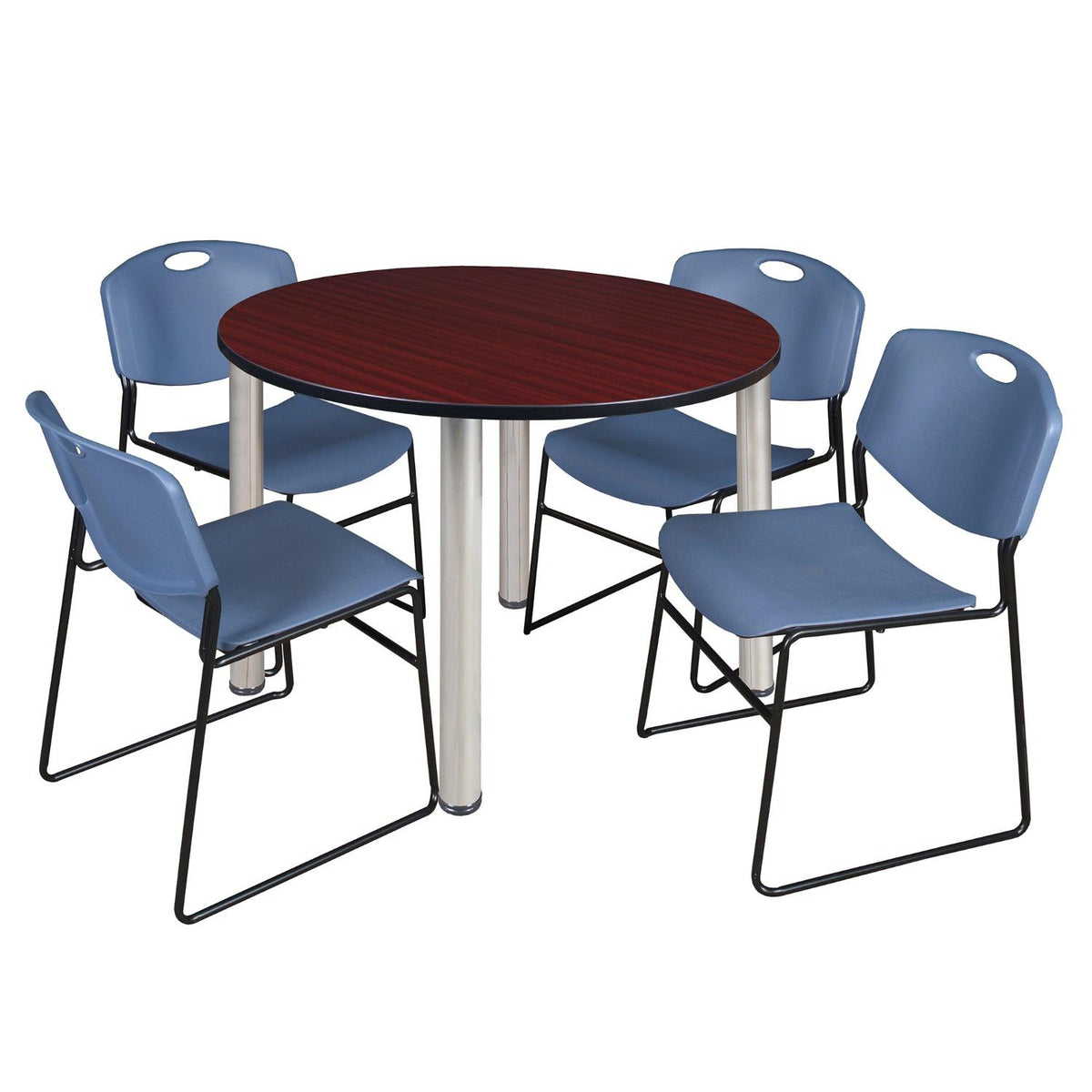 Kee Round Breakroom Table and Chair Package, Kee 48" Round Post-Leg Breakroom Table with 4 Zeng Stack Chairs