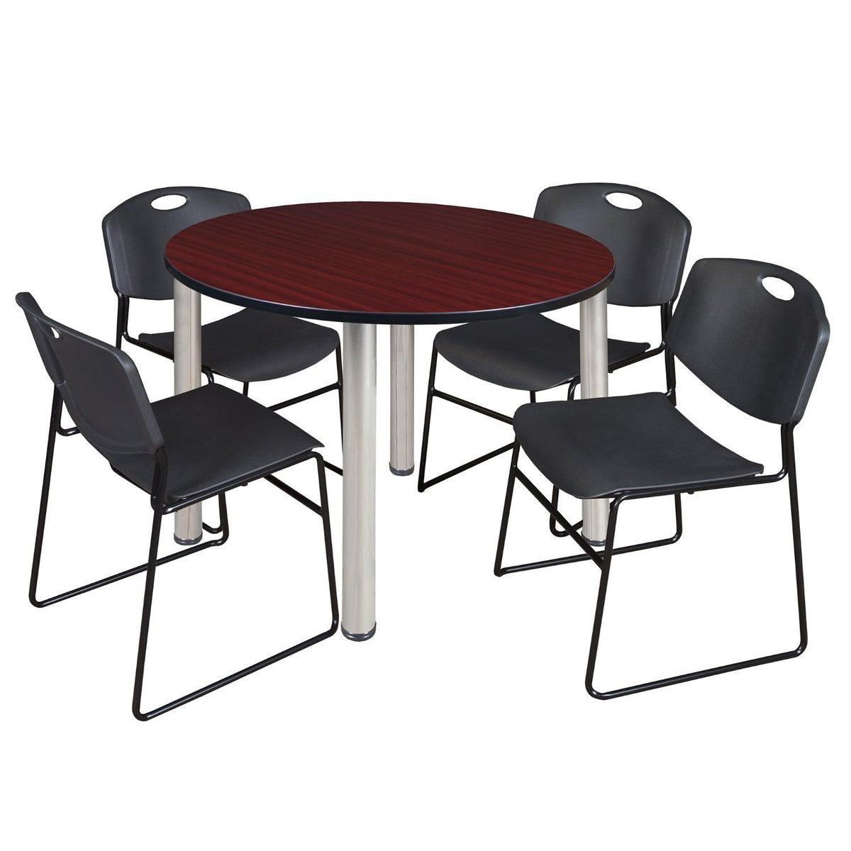 Kee Round Breakroom Table and Chair Package, Kee 48" Round Post-Leg Breakroom Table with 4 Zeng Stack Chairs