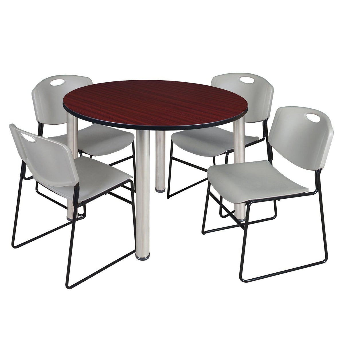 Kee Round Breakroom Table and Chair Package, Kee 48" Round Post-Leg Breakroom Table with 4 Zeng Stack Chairs