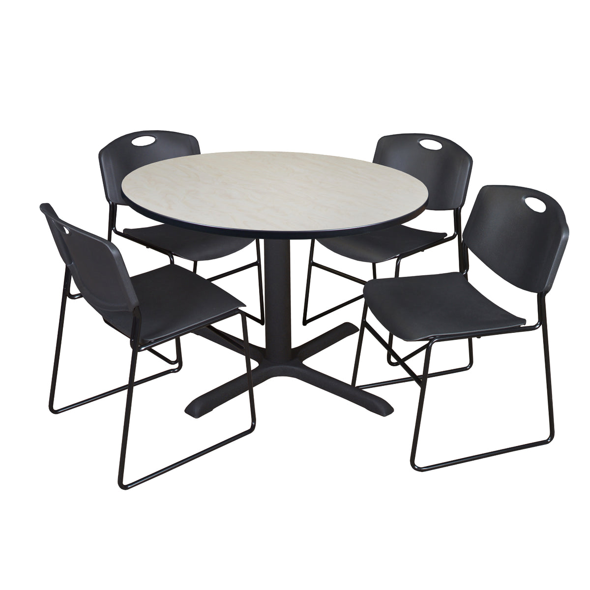 Cain Round Breakroom Table and Chair Package, Cain 48" Round X-Base Breakroom Table with 4 Zeng Stack Chairs