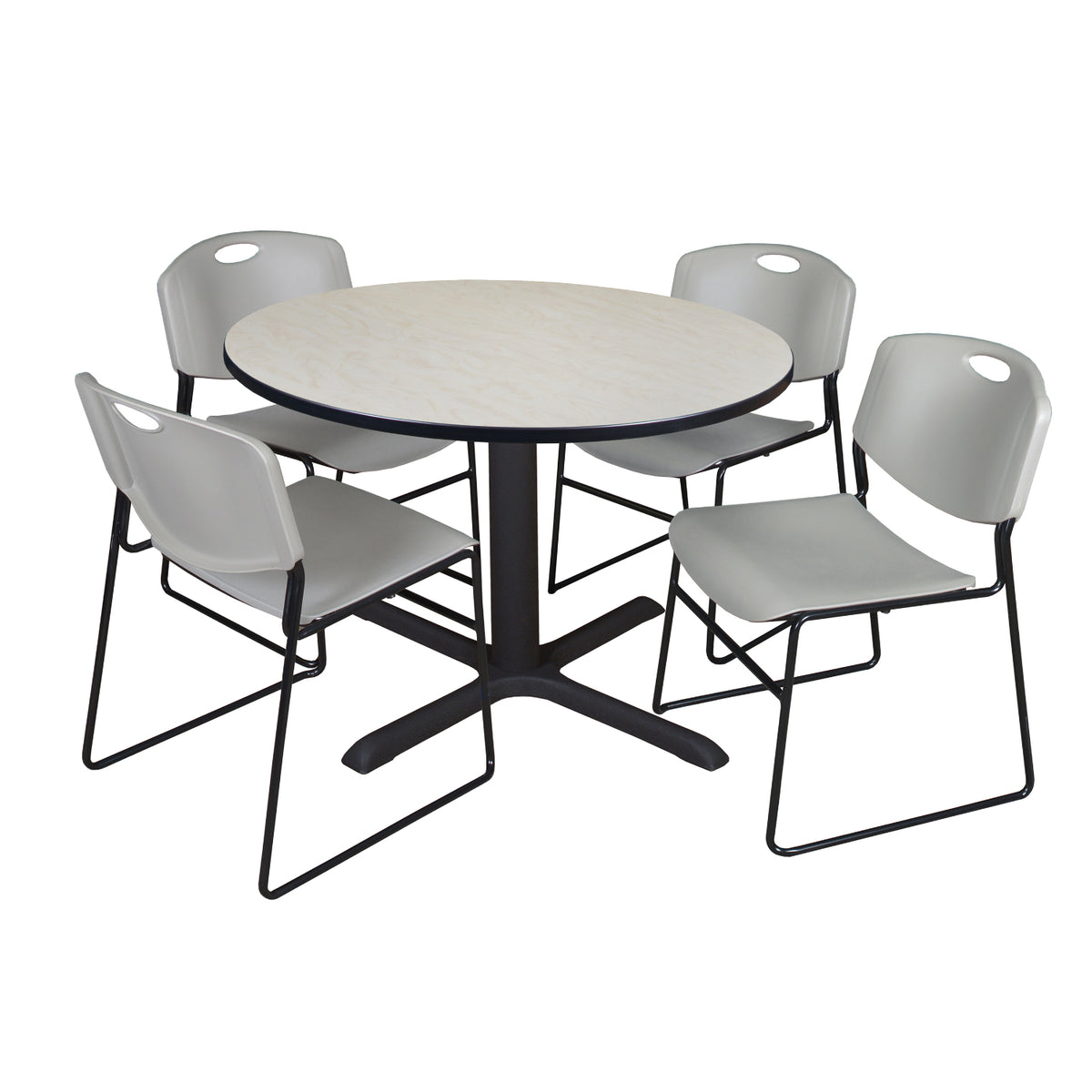 Cain Round Breakroom Table and Chair Package, Cain 48" Round X-Base Breakroom Table with 4 Zeng Stack Chairs