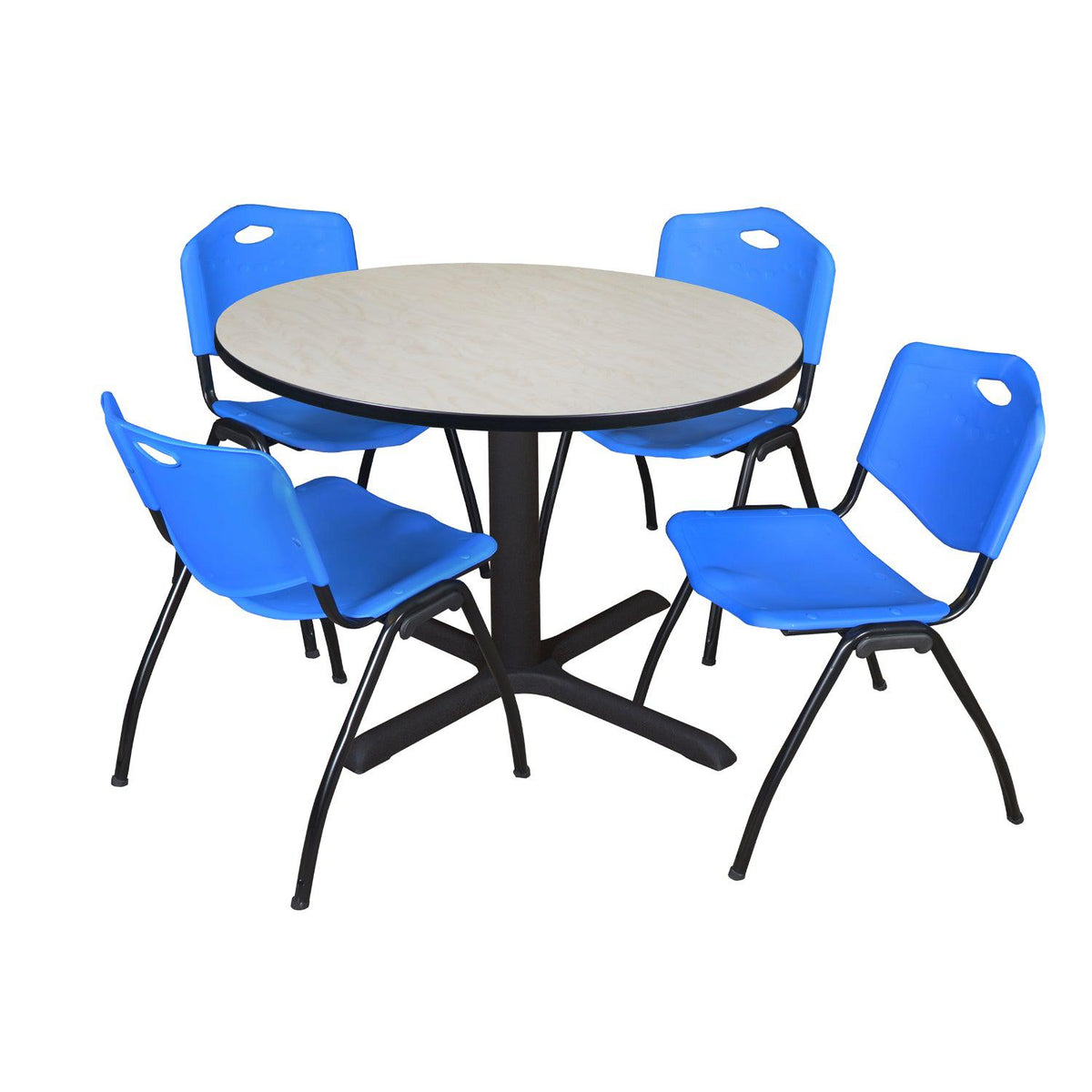 Cain Round Breakroom Table and Chair Package, Cain 48" Round X-Base Breakroom Table with 4 "M" Stack Chairs