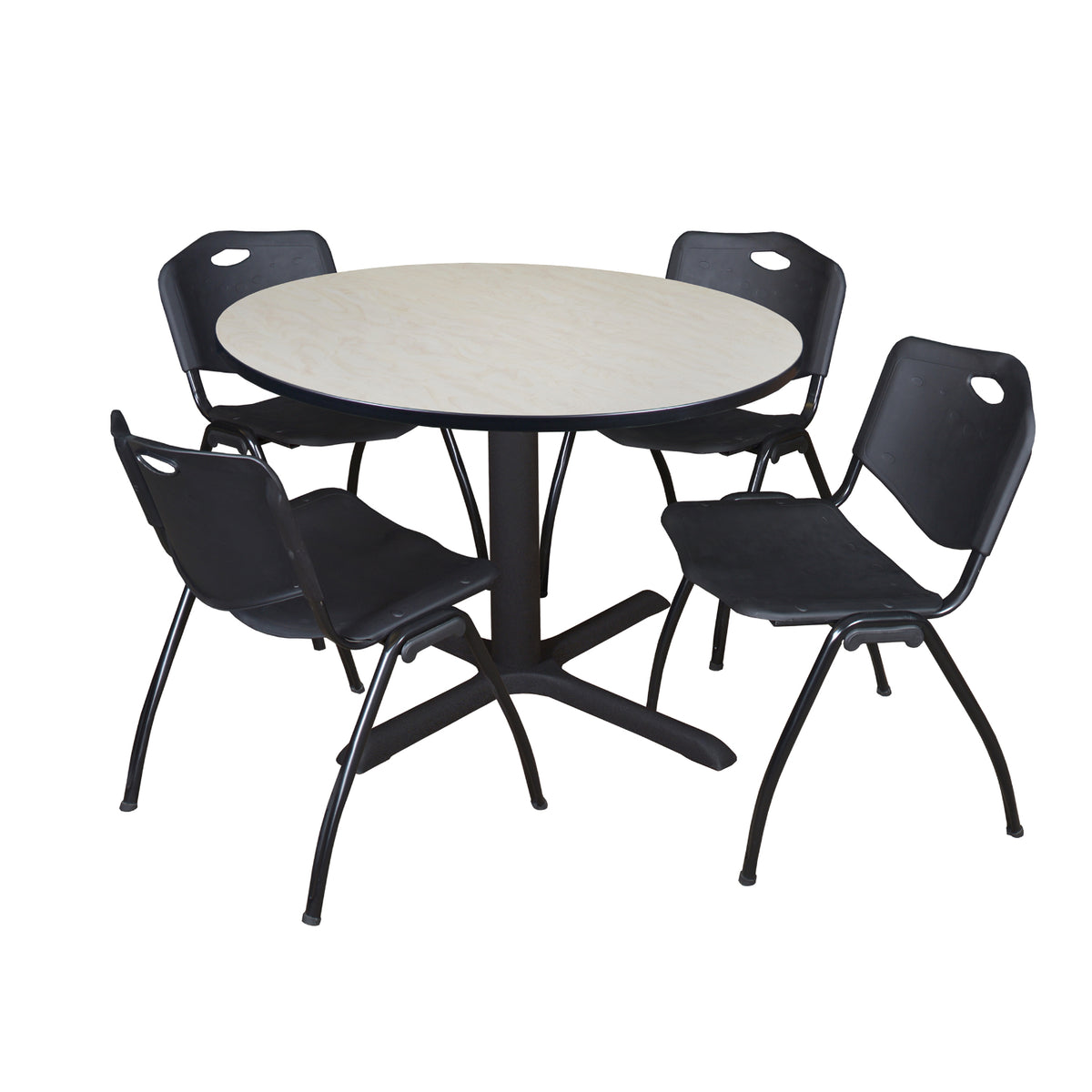 Cain Round Breakroom Table and Chair Package, Cain 48" Round X-Base Breakroom Table with 4 "M" Stack Chairs