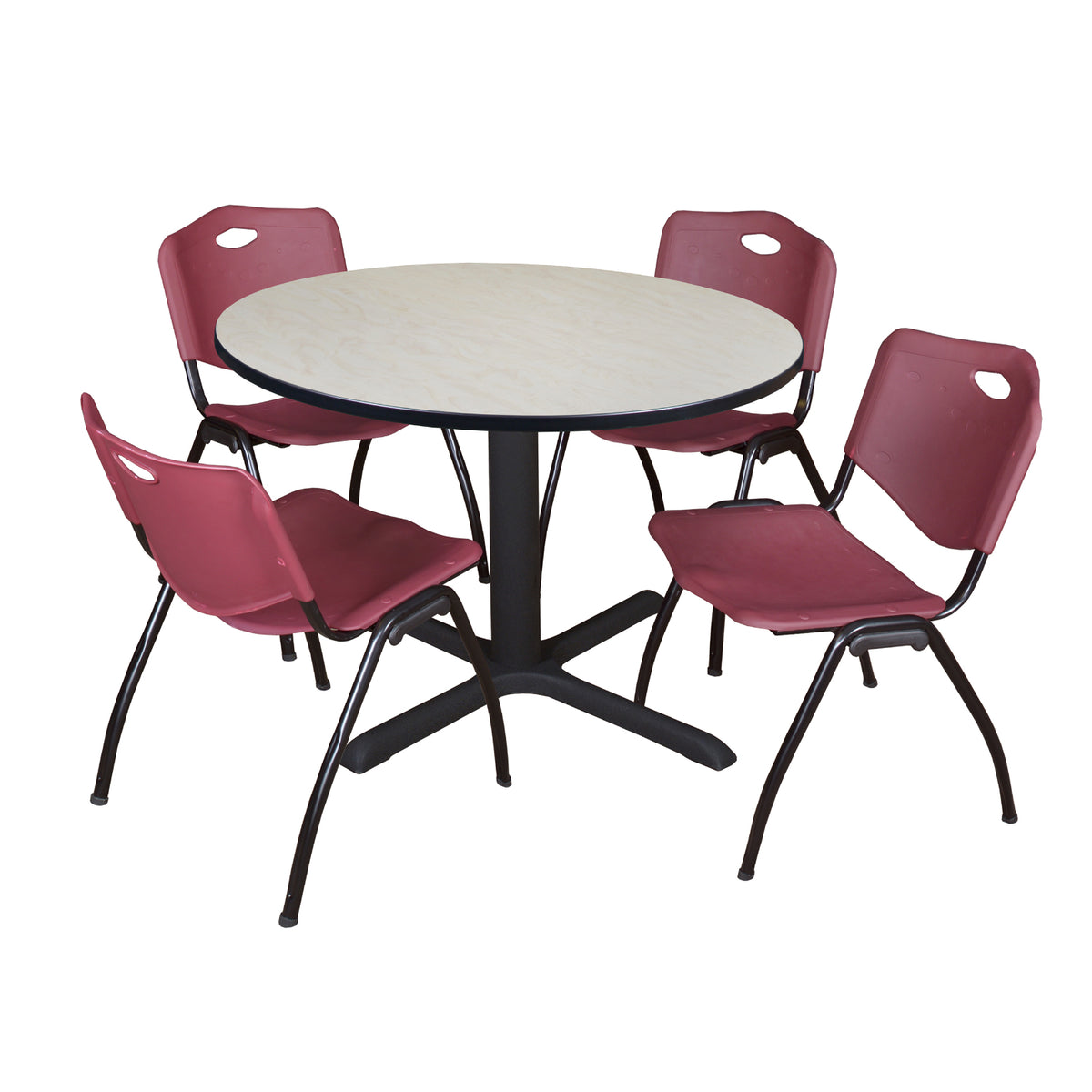Cain Round Breakroom Table and Chair Package, Cain 48" Round X-Base Breakroom Table with 4 "M" Stack Chairs