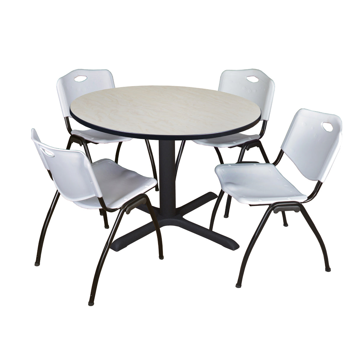 Cain Round Breakroom Table and Chair Package, Cain 48" Round X-Base Breakroom Table with 4 "M" Stack Chairs