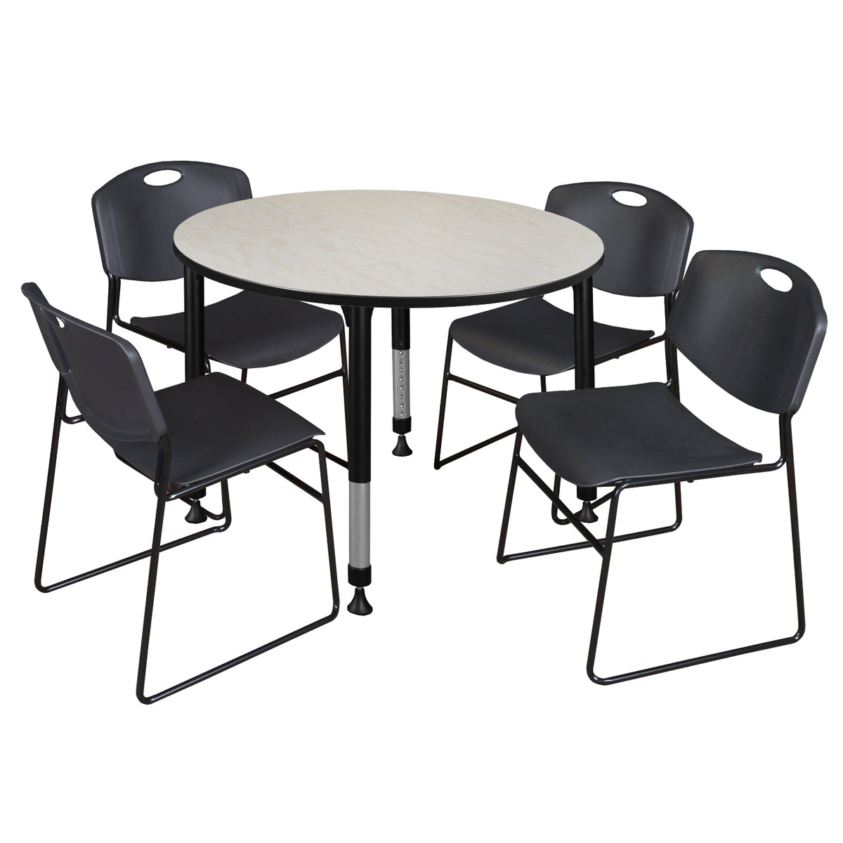 Kee Classroom Table and Chair Package, Kee 48" Round Adjustable Height Table with 4 Black Zeng Stack Chairs