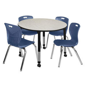 Kee Classroom Table and Chair Package, Kee 48" Round Mobile Adjustable Height Table with 4 Andy 18" Stack Chairs