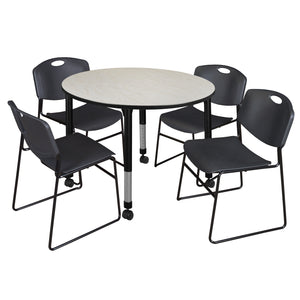 Kee Classroom Table and Chair Package, Kee 48" Round Mobile Adjustable Height Table with 4 Black Zeng Stack Chairs