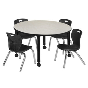 Kee Classroom Table and Chair Package, Kee 48" Round Mobile Adjustable Height Table with 4 Andy 12" Stack Chairs