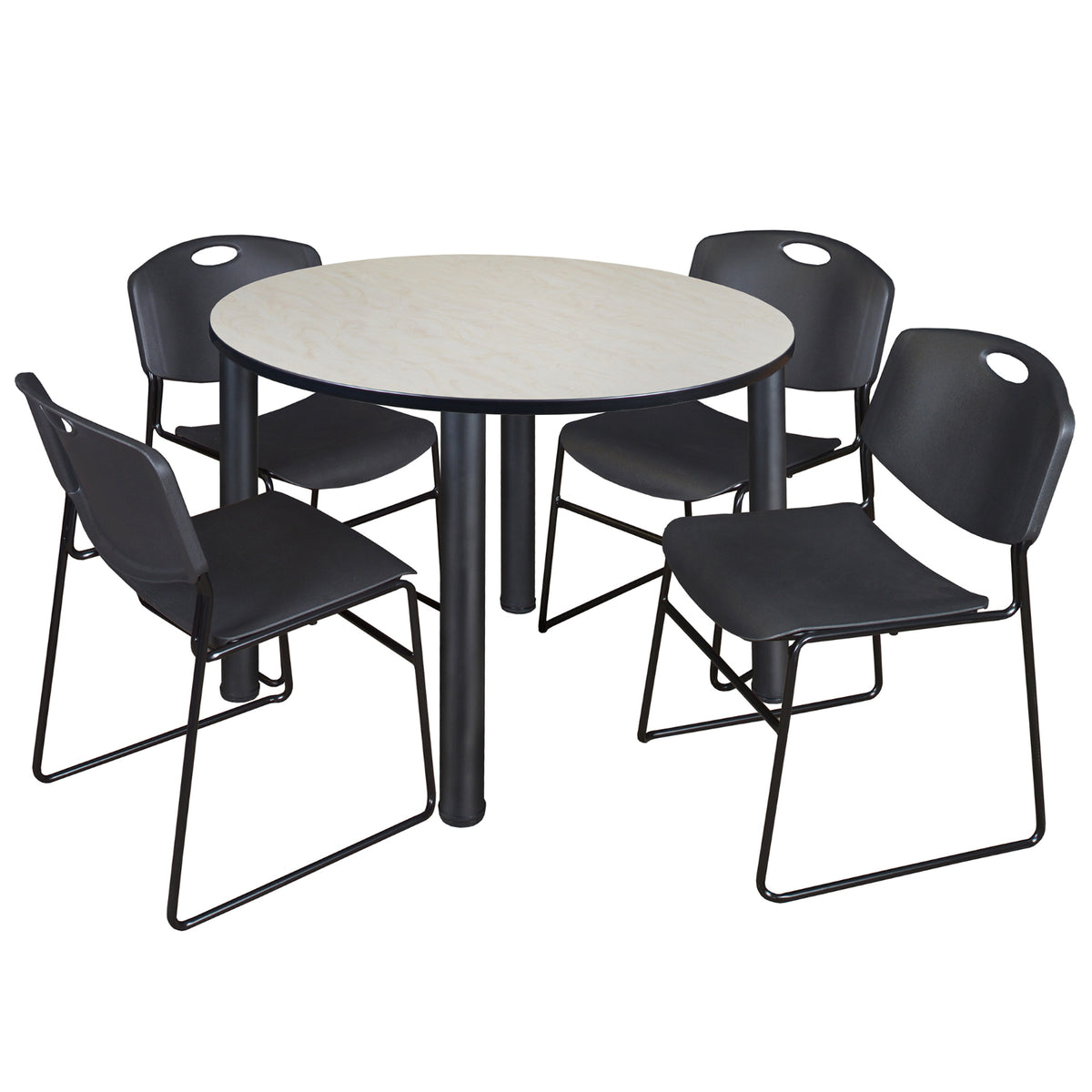 Kee Round Breakroom Table and Chair Package, Kee 48" Round Post-Leg Breakroom Table with 4 Zeng Stack Chairs