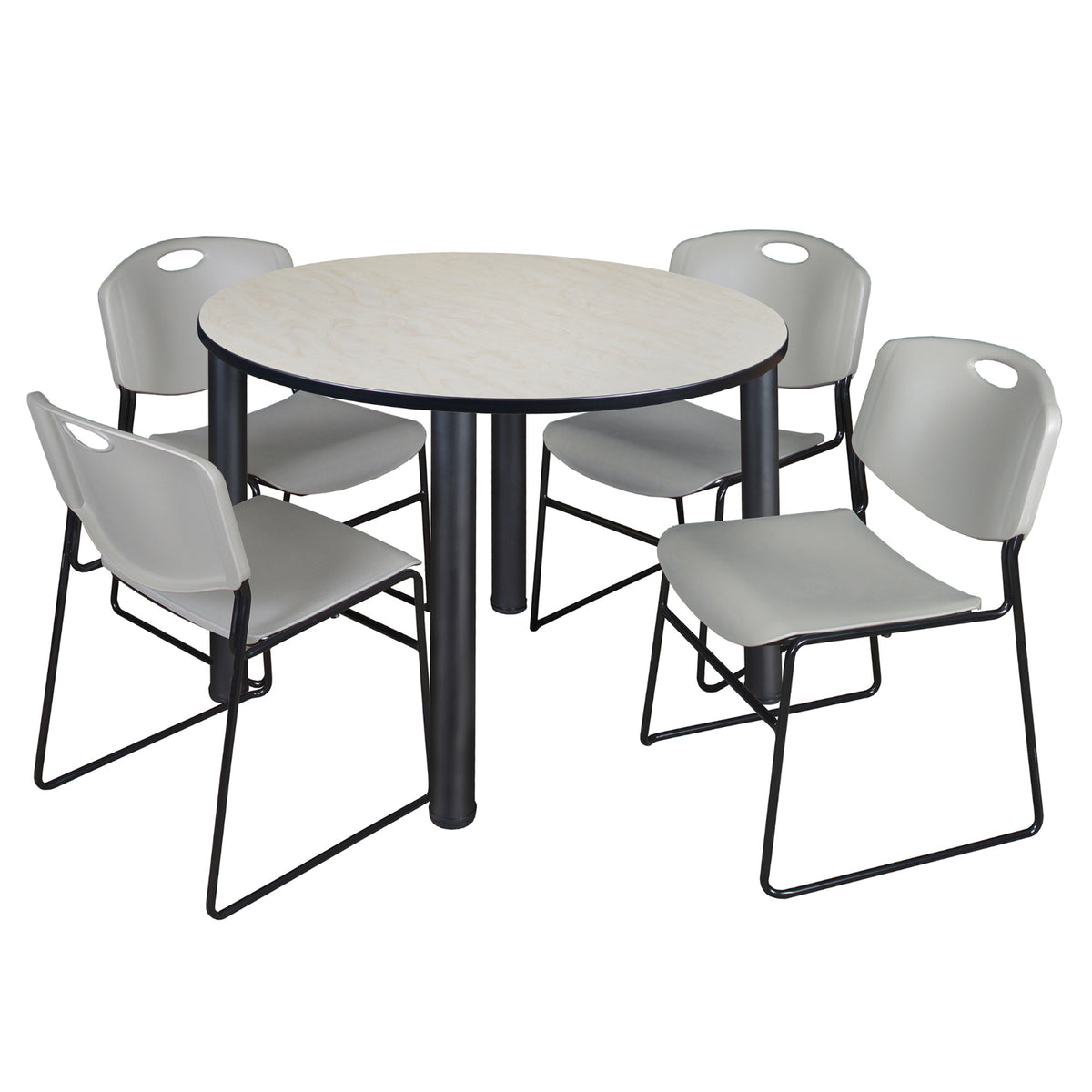 Kee Round Breakroom Table and Chair Package, Kee 48" Round Post-Leg Breakroom Table with 4 Zeng Stack Chairs