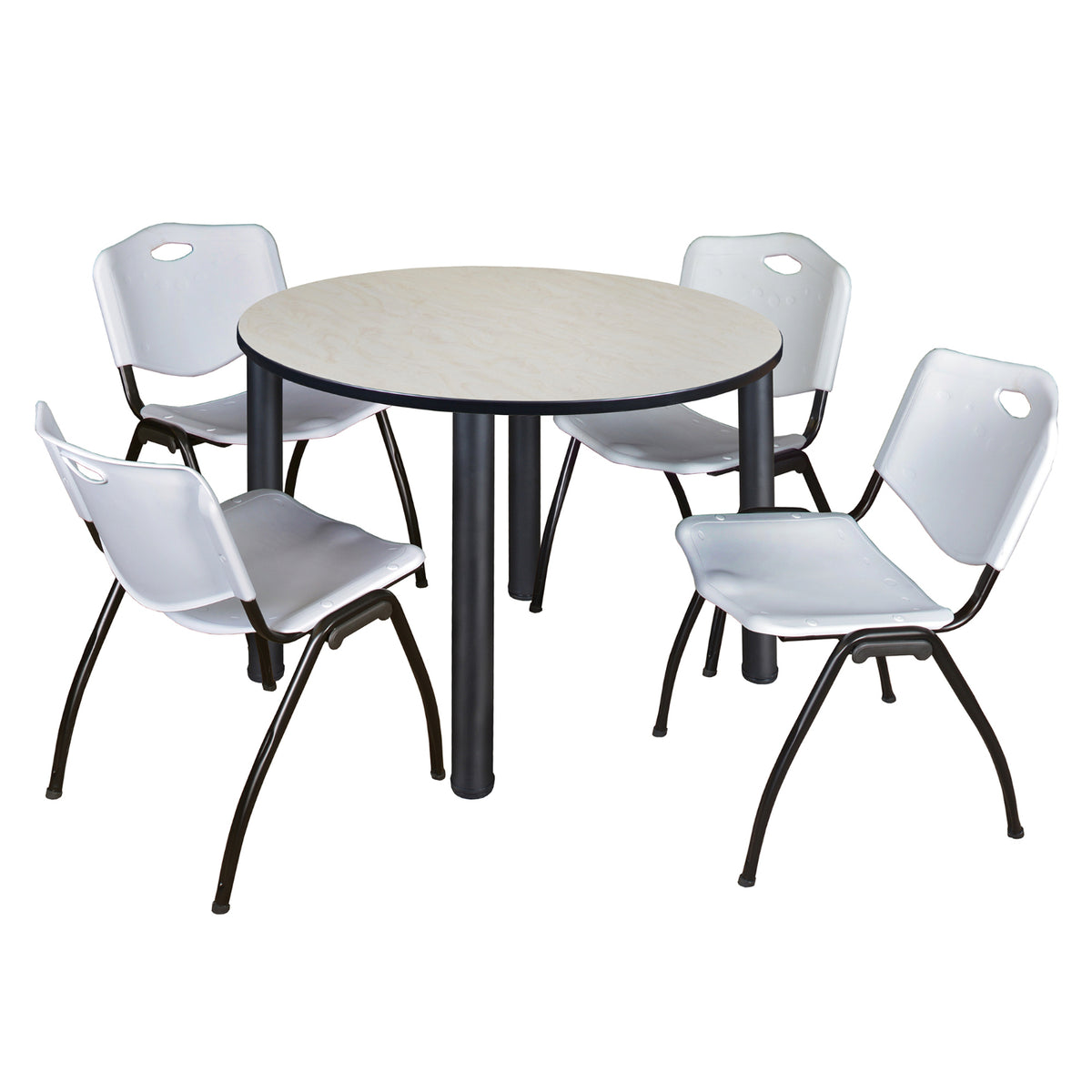 Kee Round Breakroom Table and Chair Package, Kee 48" Round Post-Leg Breakroom Table with 4 "M" Stack Chairs