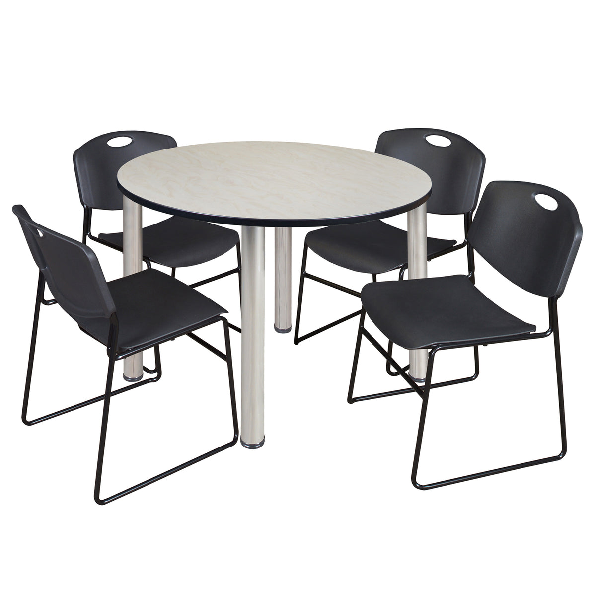 Kee Round Breakroom Table and Chair Package, Kee 48" Round Post-Leg Breakroom Table with 4 Zeng Stack Chairs