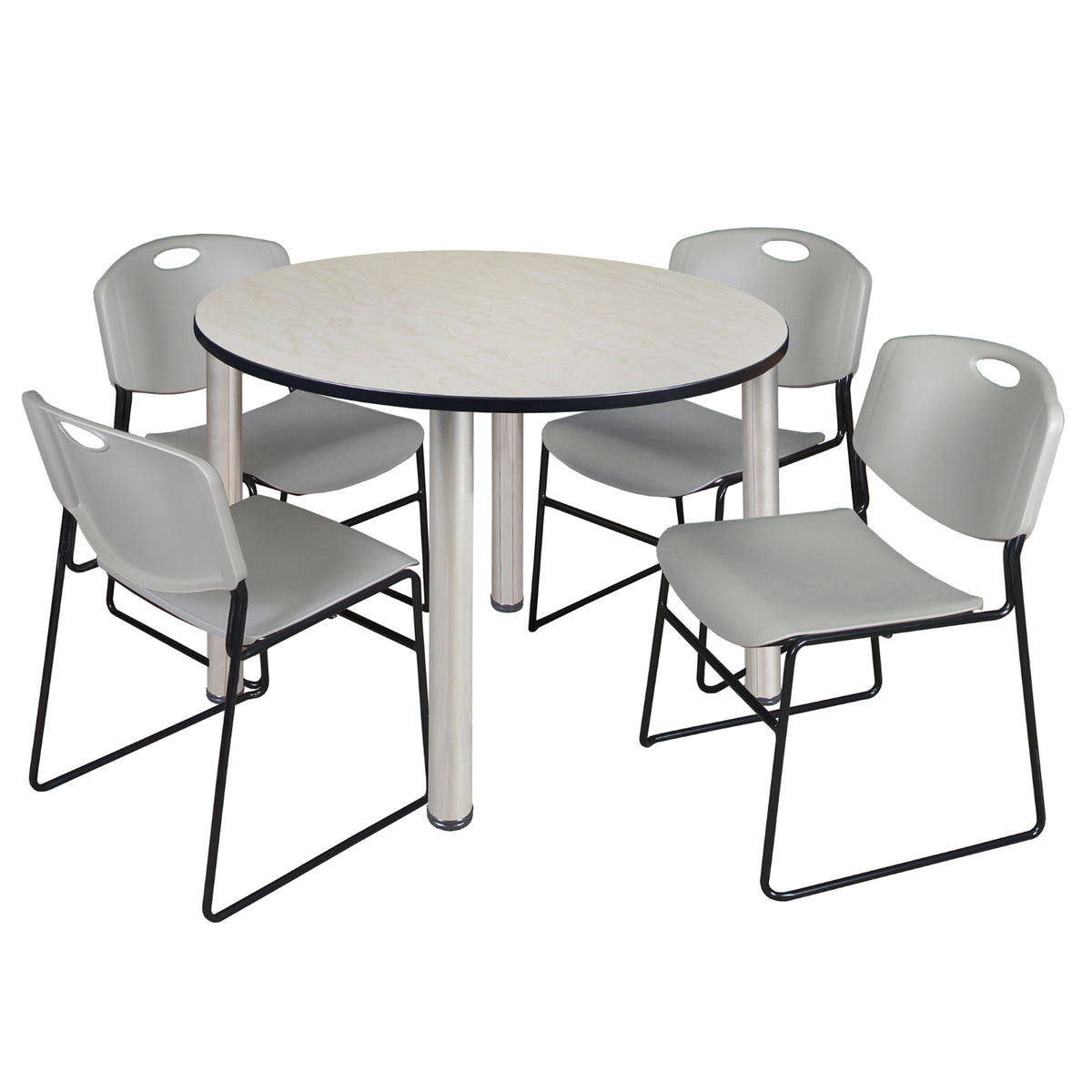 Kee Round Breakroom Table and Chair Package, Kee 48" Round Post-Leg Breakroom Table with 4 Zeng Stack Chairs