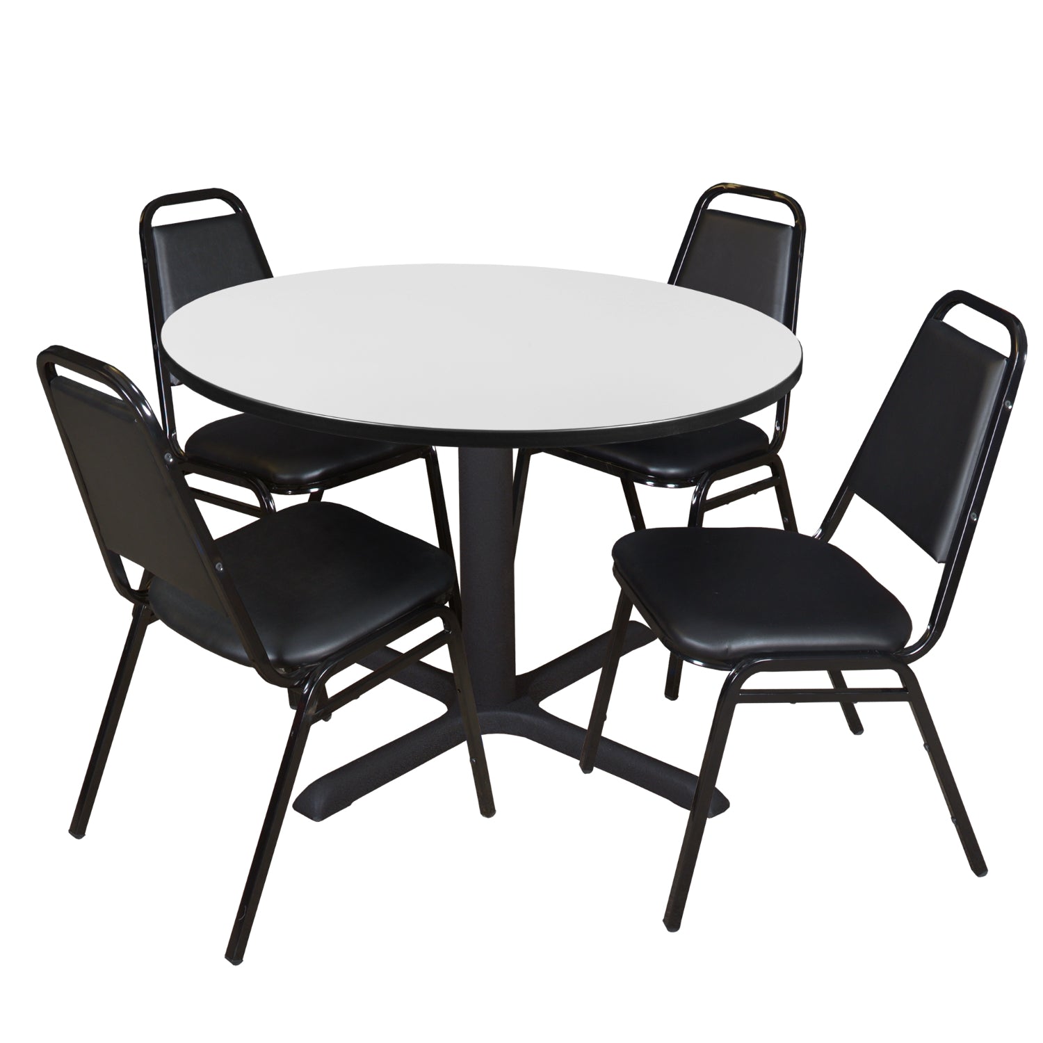 Cain Round Breakroom Table and Chair Package, Cain 48" Round X-Base Breakroom Table with 4 Restaurant Stack Chairs
