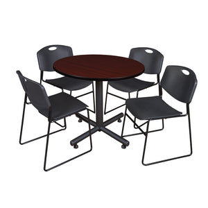 Kobe Round Breakroom Table and Chair Package, Kobe 36" Round X-Base Breakroom Table with 4 Zeng Stack Chairs