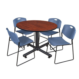 Kobe Round Breakroom Table and Chair Package, Kobe 48" Round X-Base Breakroom Table with 4 Zeng Stack Chairs