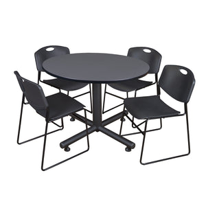 Kobe Round Breakroom Table and Chair Package, Kobe 48" Round X-Base Breakroom Table with 4 Zeng Stack Chairs