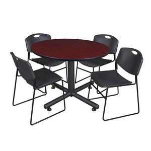 Kobe Round Breakroom Table and Chair Package, Kobe 48" Round X-Base Breakroom Table with 4 Zeng Stack Chairs