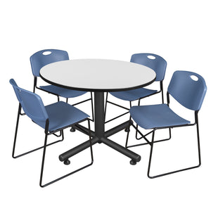 Kobe Round Breakroom Table and Chair Package, Kobe 48" Round X-Base Breakroom Table with 4 Zeng Stack Chairs
