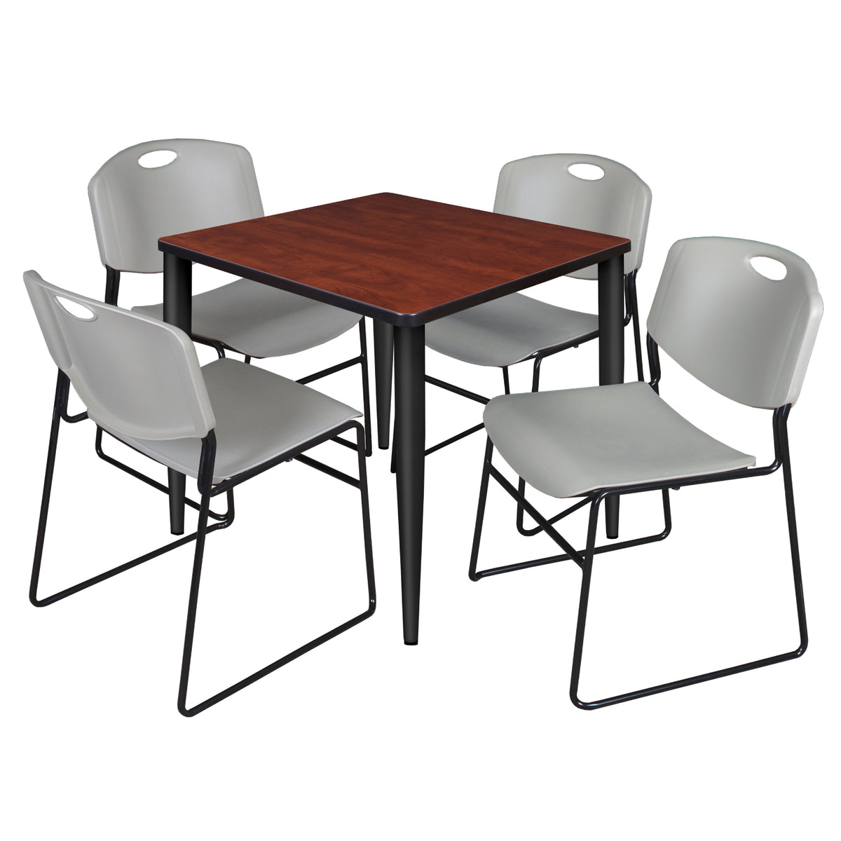 Kahlo Square Breakroom Table and Chair Package, 30" Square Kahlo Tapered Leg Breakroom Table with 4 Zeng Stack Chairs