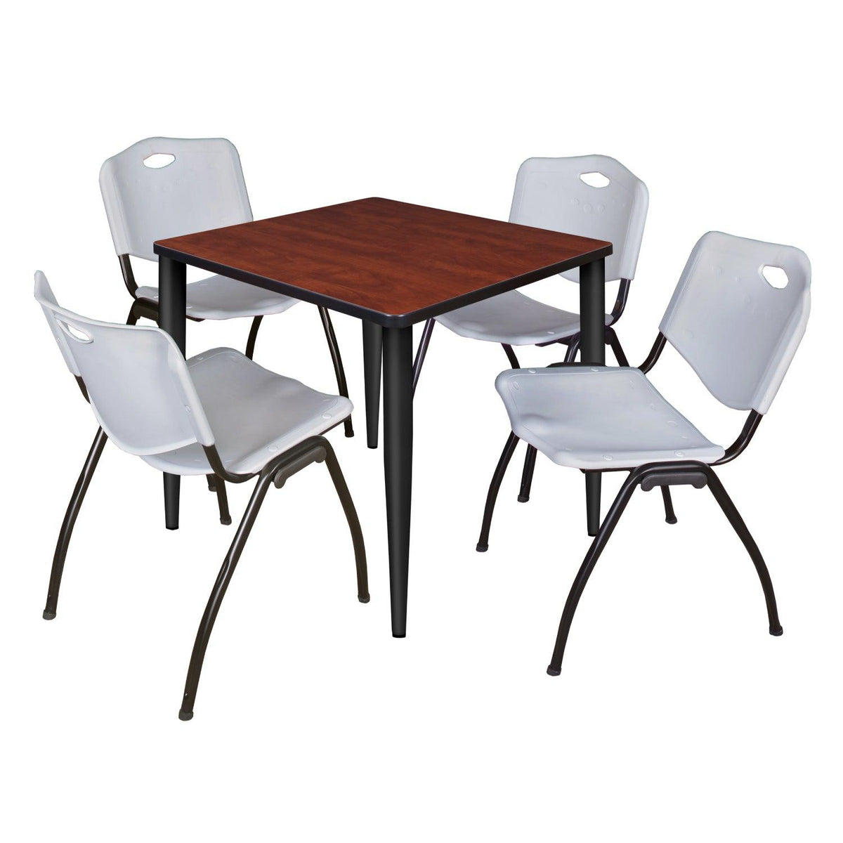 Kahlo Square Breakroom Table and Chair Package, 30" Square Kahlo Tapered Leg Breakroom Table with 4 "M" Stack Chairs