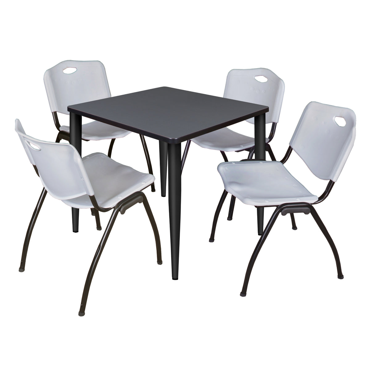Kahlo Square Breakroom Table and Chair Package, 30" Square Kahlo Tapered Leg Breakroom Table with 4 "M" Stack Chairs