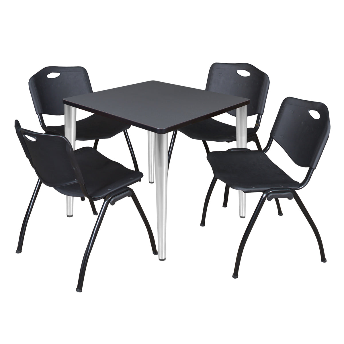 Kahlo Square Breakroom Table and Chair Package, 30" Square Kahlo Tapered Leg Breakroom Table with 4 "M" Stack Chairs