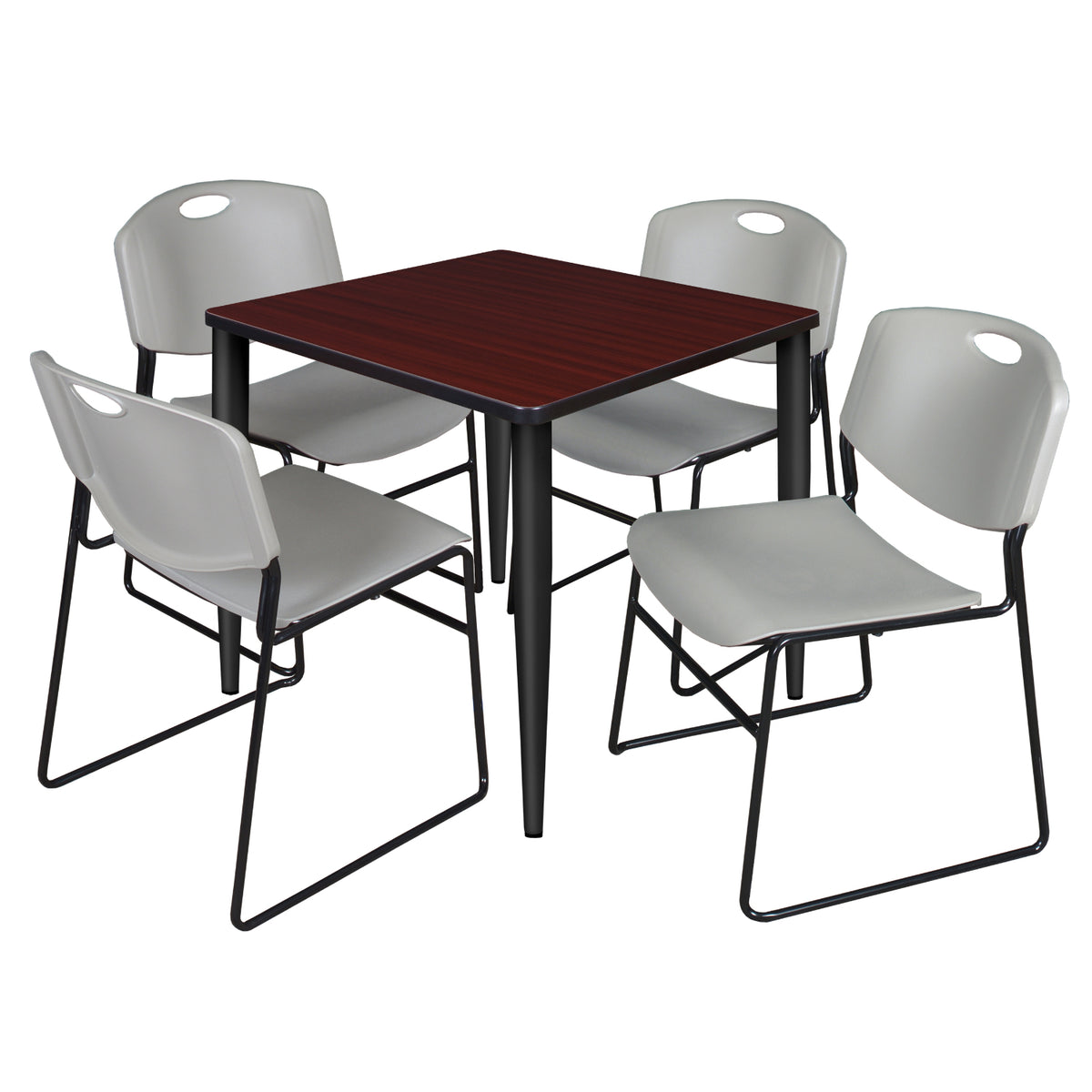 Kahlo Square Breakroom Table and Chair Package, 30" Square Kahlo Tapered Leg Breakroom Table with 4 Zeng Stack Chairs