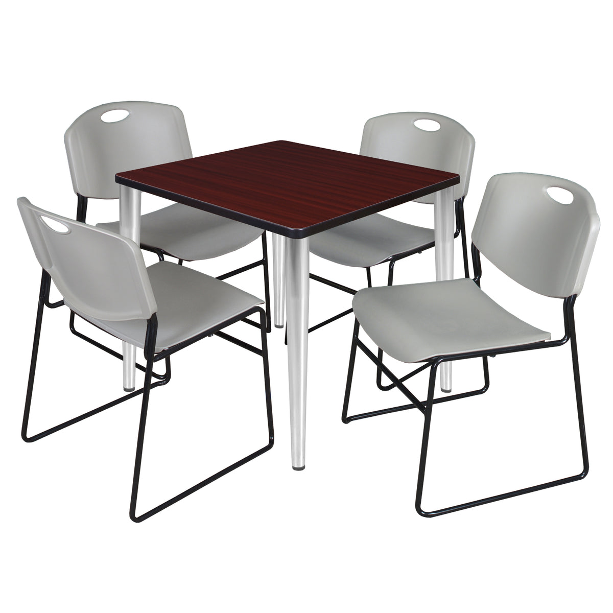 Kahlo Square Breakroom Table and Chair Package, 30" Square Kahlo Tapered Leg Breakroom Table with 4 Zeng Stack Chairs