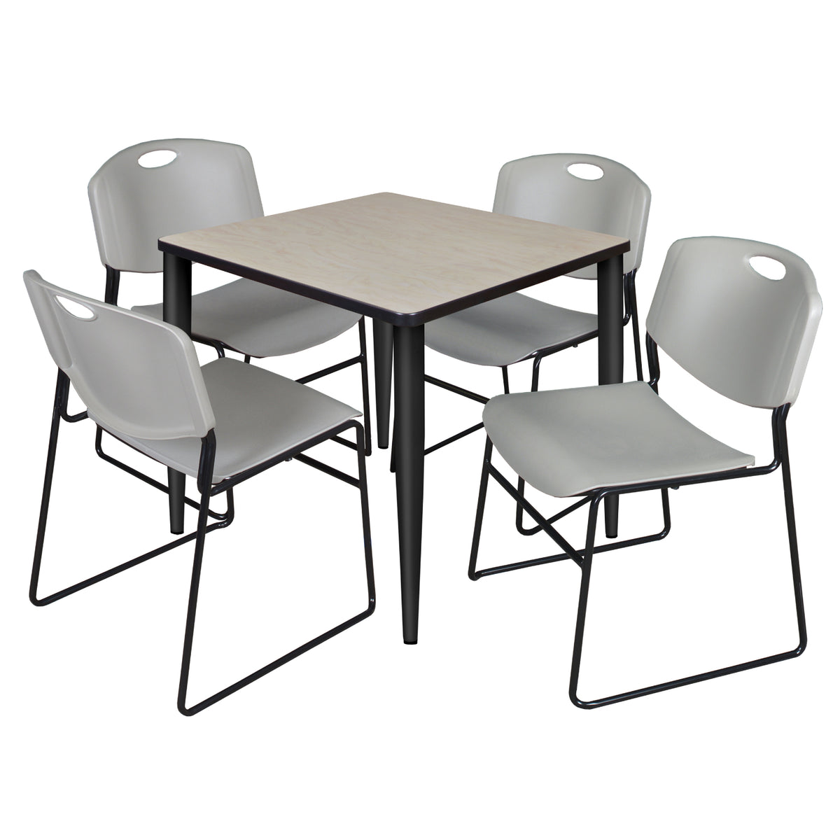 Kahlo Square Breakroom Table and Chair Package, 30" Square Kahlo Tapered Leg Breakroom Table with 4 Zeng Stack Chairs
