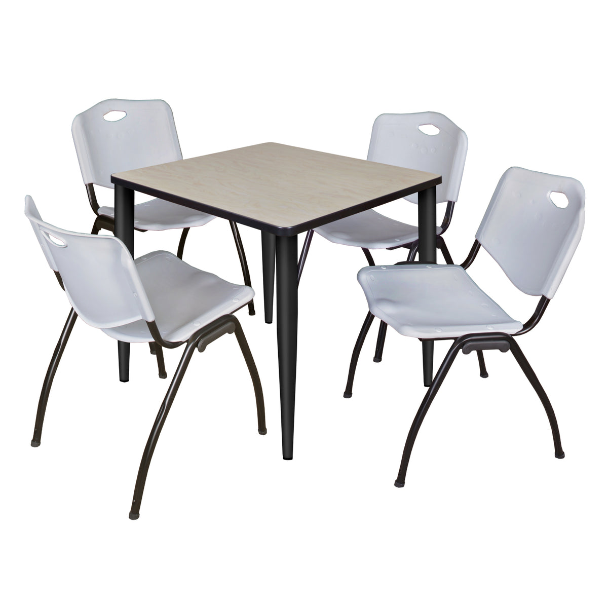 Kahlo Square Breakroom Table and Chair Package, 30" Square Kahlo Tapered Leg Breakroom Table with 4 "M" Stack Chairs