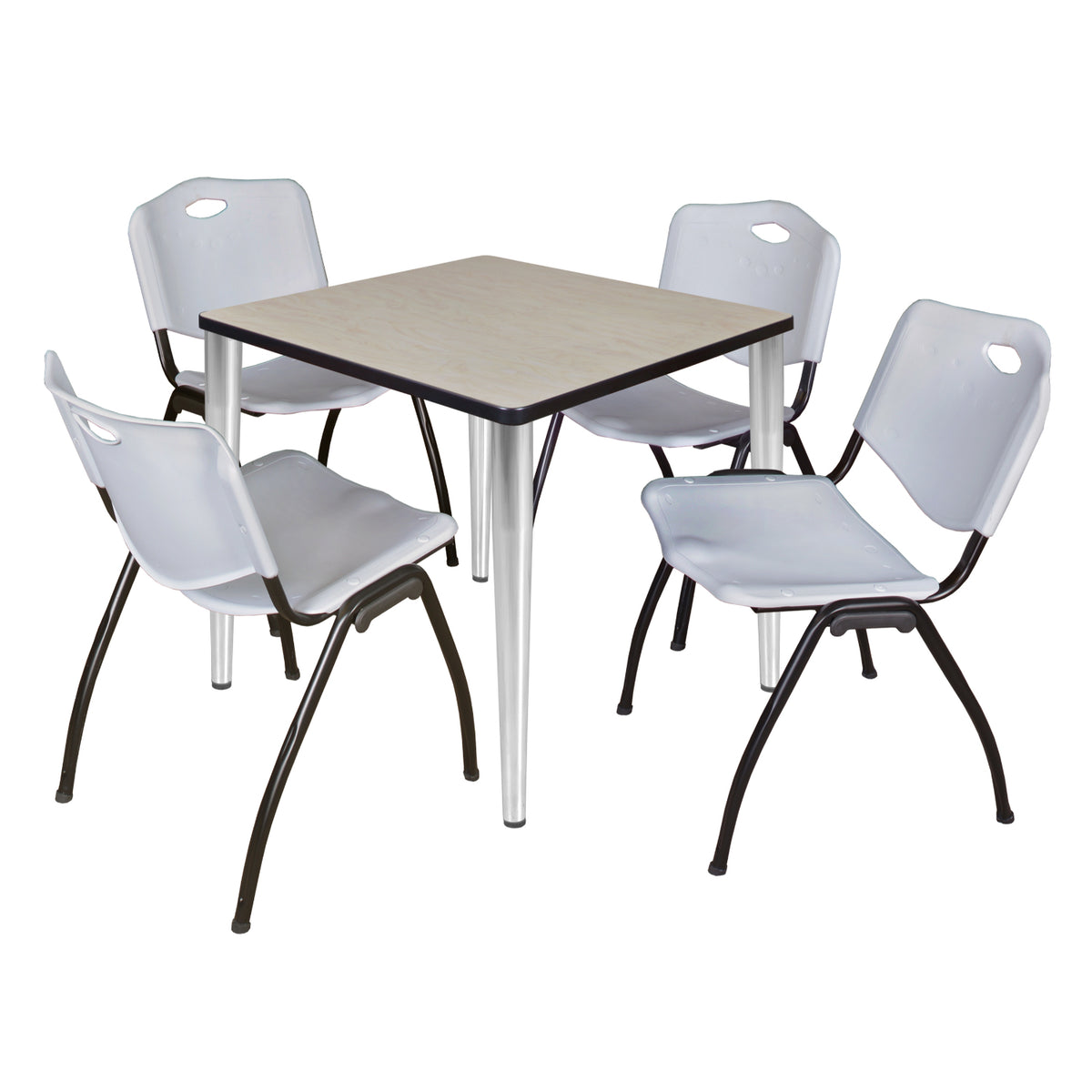 Kahlo Square Breakroom Table and Chair Package, 30" Square Kahlo Tapered Leg Breakroom Table with 4 "M" Stack Chairs