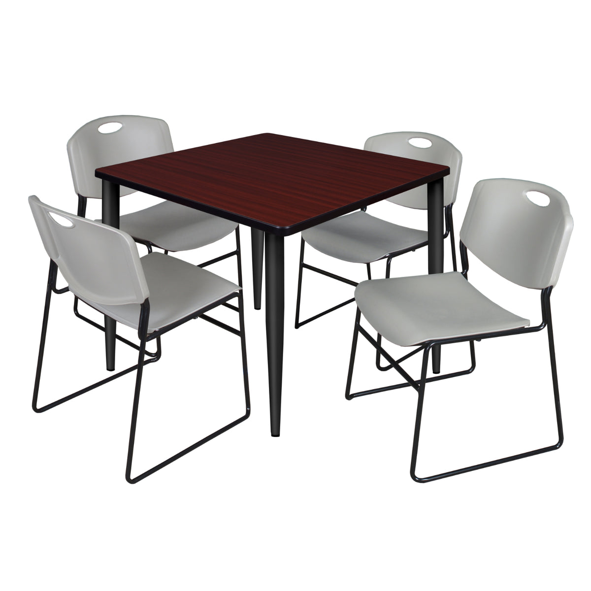 Kahlo Square Breakroom Table and Chair Package, 36" Square Kahlo Tapered Leg Breakroom Table with 4 Zeng Stack Chairs