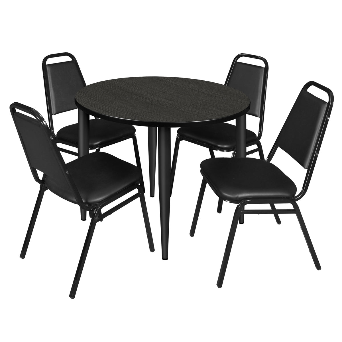 Kahlo Round Breakroom Table and Chair Package, 36" Round Kahlo Tapered Leg Breakroom Table with 4 Restaurant Stack Chairs