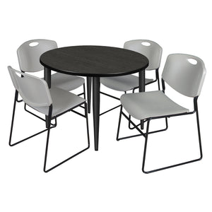 Kahlo Round Breakroom Table and Chair Package, 36" Round Kahlo Tapered Leg Breakroom Table with 4 Zeng Stack Chairs