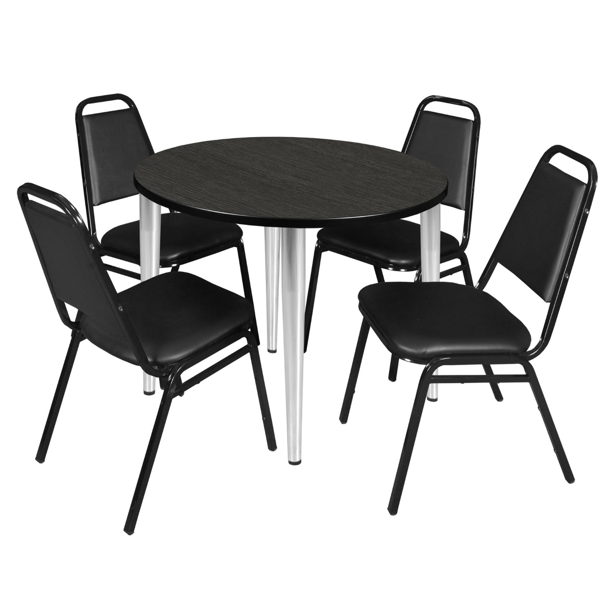 Kahlo Round Breakroom Table and Chair Package, 36" Round Kahlo Tapered Leg Breakroom Table with 4 Restaurant Stack Chairs