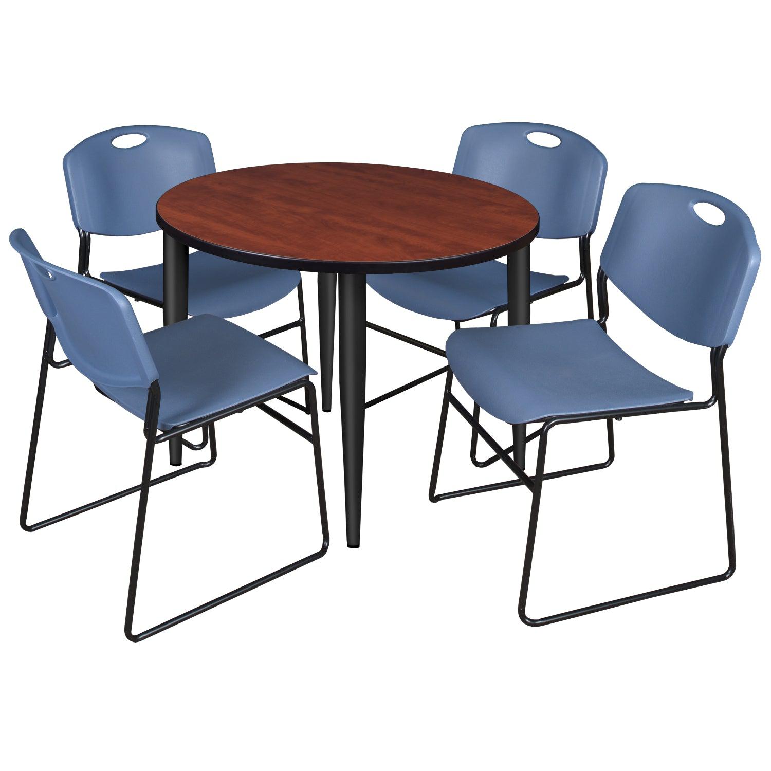 Kahlo Round Breakroom Table and Chair Package, 36" Round Kahlo Tapered Leg Breakroom Table with 4 Zeng Stack Chairs