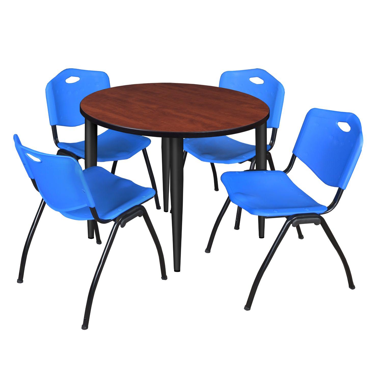 Kahlo Round Breakroom Table and Chair Package, 36" Round Kahlo Tapered Leg Breakroom Table with 4 "M" Stack Chairs