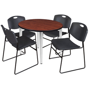 Kahlo Round Breakroom Table and Chair Package, 36" Round Kahlo Tapered Leg Breakroom Table with 4 Zeng Stack Chairs