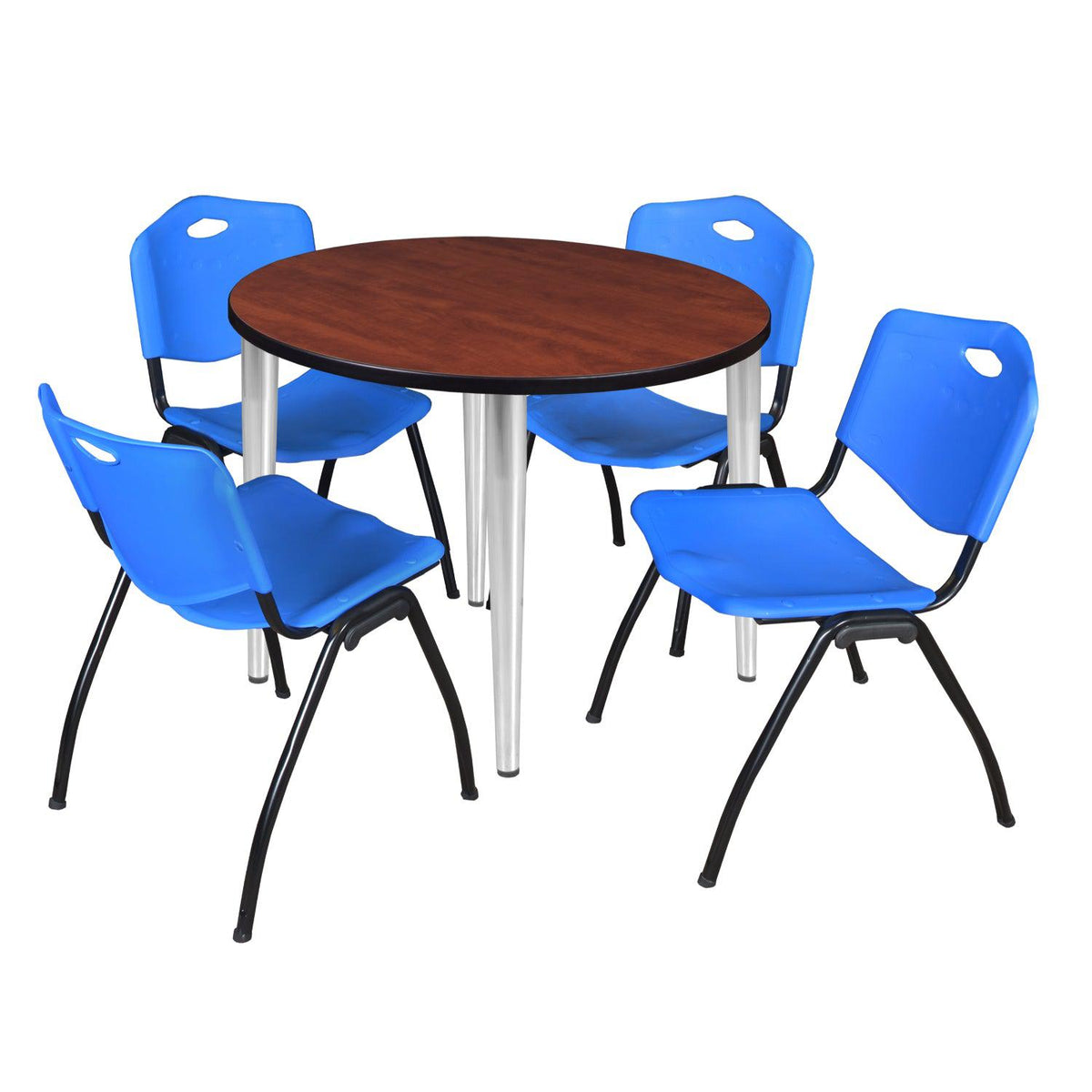 Kahlo Round Breakroom Table and Chair Package, 36" Round Kahlo Tapered Leg Breakroom Table with 4 "M" Stack Chairs