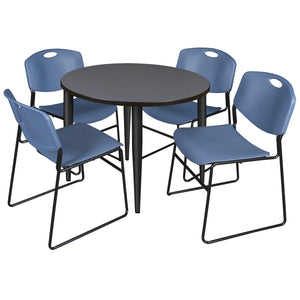 Kahlo Round Breakroom Table and Chair Package, 36" Round Kahlo Tapered Leg Breakroom Table with 4 Zeng Stack Chairs