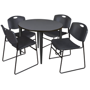 Kahlo Round Breakroom Table and Chair Package, 36" Round Kahlo Tapered Leg Breakroom Table with 4 Zeng Stack Chairs
