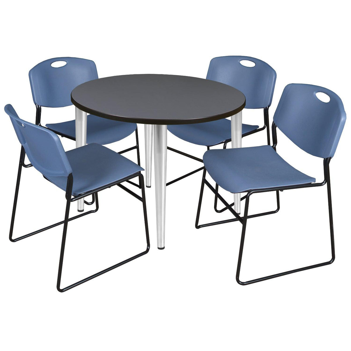 Kahlo Round Breakroom Table and Chair Package, 36" Round Kahlo Tapered Leg Breakroom Table with 4 Zeng Stack Chairs