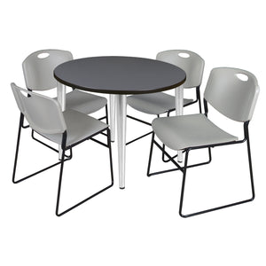 Kahlo Round Breakroom Table and Chair Package, 36" Round Kahlo Tapered Leg Breakroom Table with 4 Zeng Stack Chairs