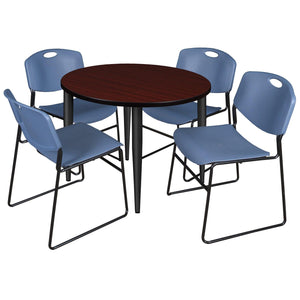 Kahlo Round Breakroom Table and Chair Package, 36" Round Kahlo Tapered Leg Breakroom Table with 4 Zeng Stack Chairs